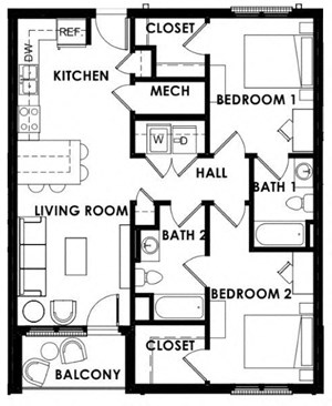 Floor plan for The Balcony apartments in Tuscaloosa, AL. Spacious 2 bedroom 2 bath unit shown.